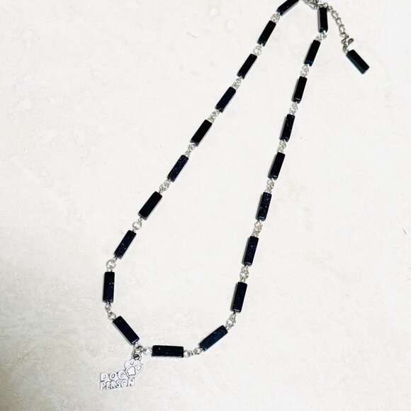 Dark Blue Goldstone Short Necklace w/ Silver Dog Person Paw Print Charm - Picture 7 of 14